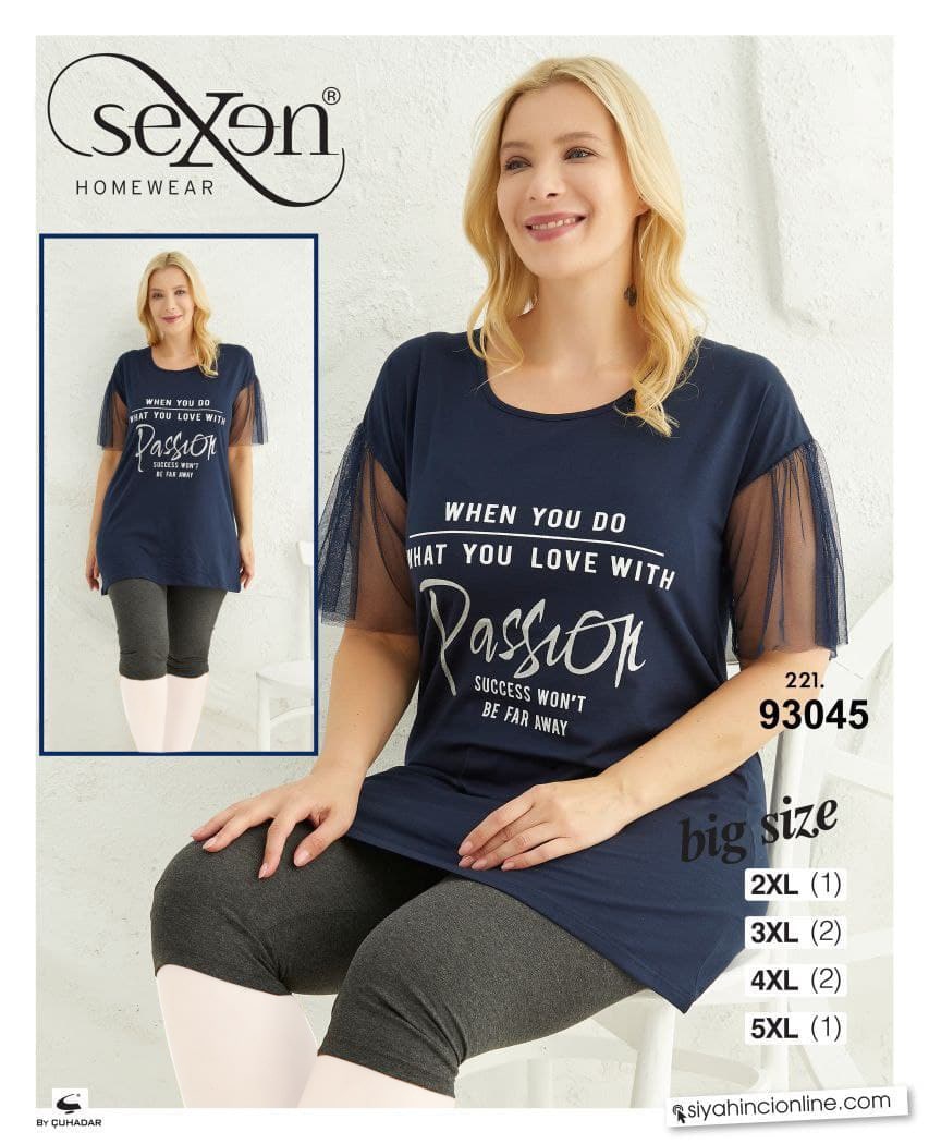 سکسن | Sexen - ست تی شرت و شلوارک نخی زنانه سایز بزرگ 93045 ترک