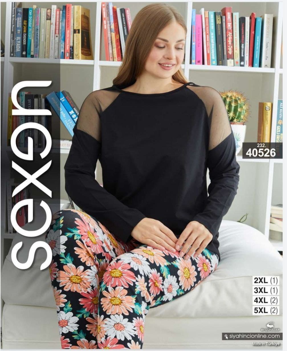 سکسن | Sexen - ست تیشرت پاییزه و شلوار گل گلی زنانه سایز بزرگ 40526 ترک