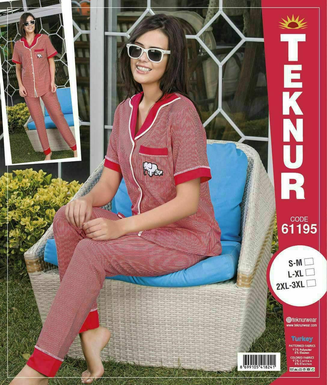 تکنور | Teknur - ست لباس خواب یقه انگلیسی سایز بزرگ زنانه 61195 ترک