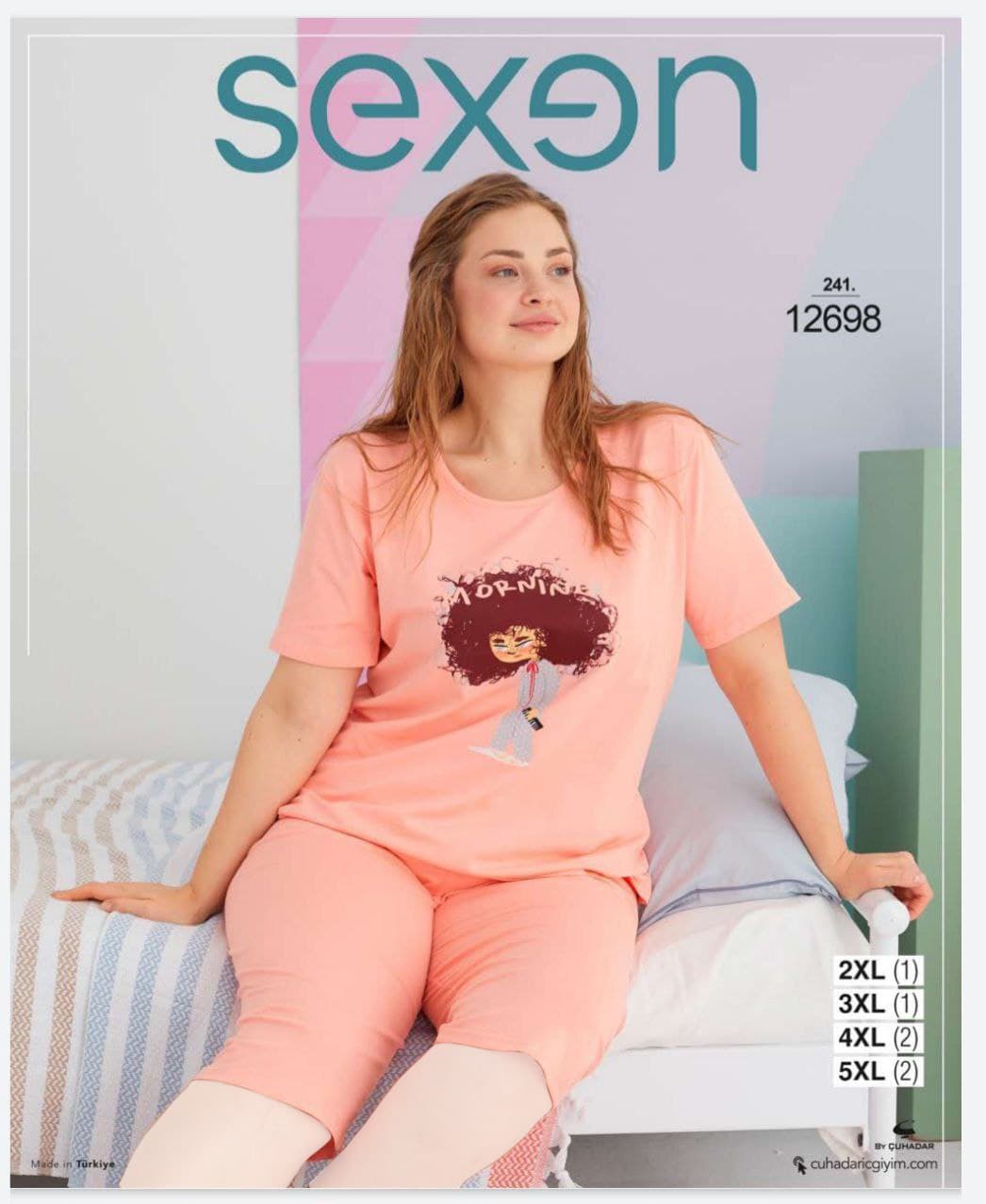 سکسن | Sexen - ست تیشرت و شلوارک نخی زنانه سایز بزرگ 12698 ترک
