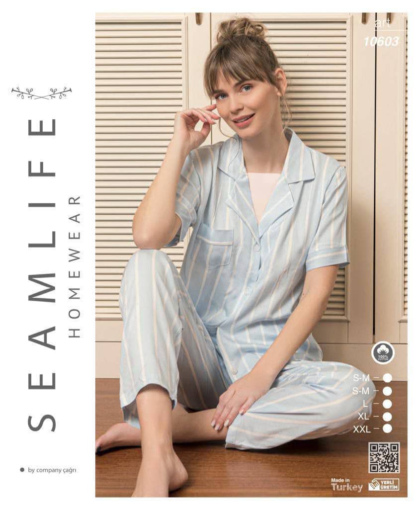 سیم لایف | SEAMLIFE - ست لباس خواب دکمه ای و شلوار ساتن زنانه سایز بزرگ 10603 ترک