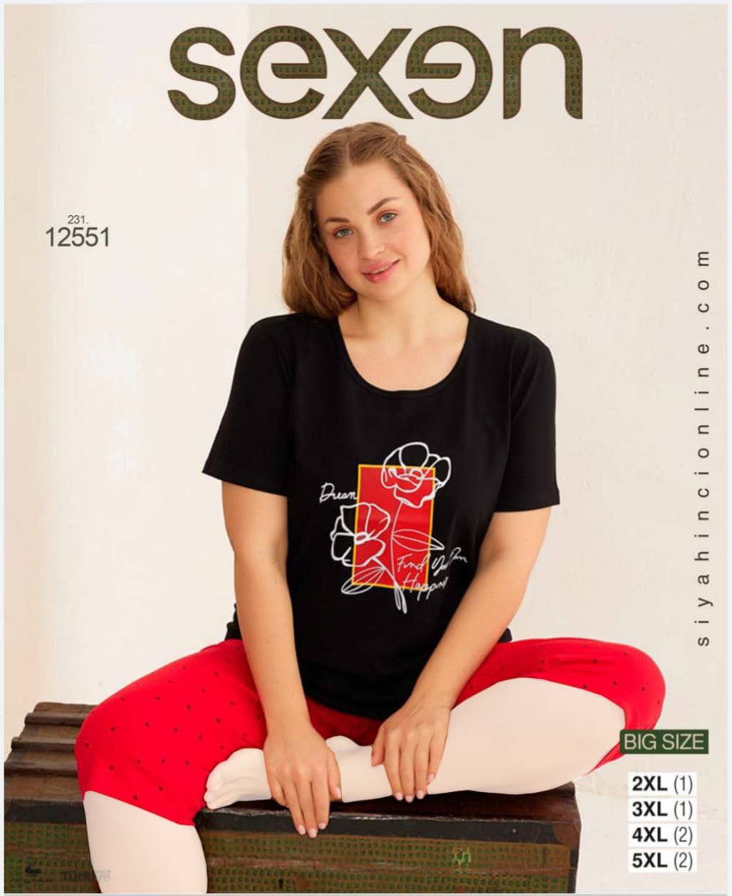 سکسن | Sexen - ست تی شرت و شلوارک نخی زنانه سایز بزرگ 12551 ترک